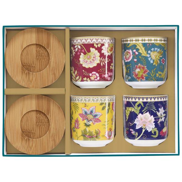 Set 4 cesti portelan cu suport bambus: Magie d'Orient. Verde