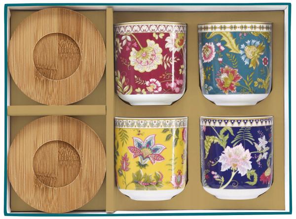 Set 4 cesti portelan cu suport bambus: Magie d'Orient. Verde