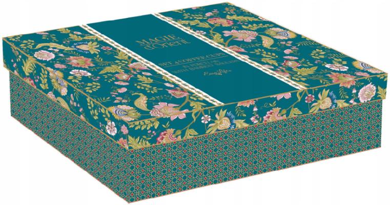 Set 4 cesti portelan cu suport bambus: Magie d'Orient. Verde