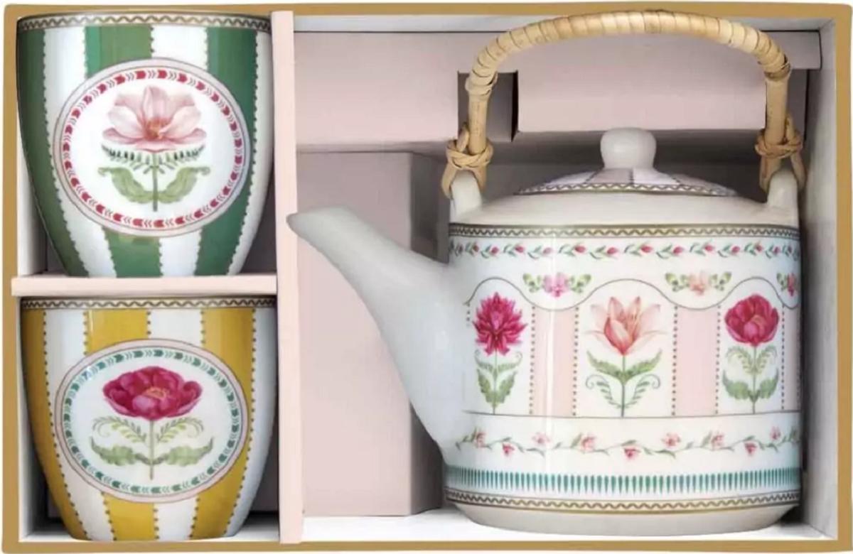 Set ceainic cu infuzor si 2 cesti portelan: Flowery