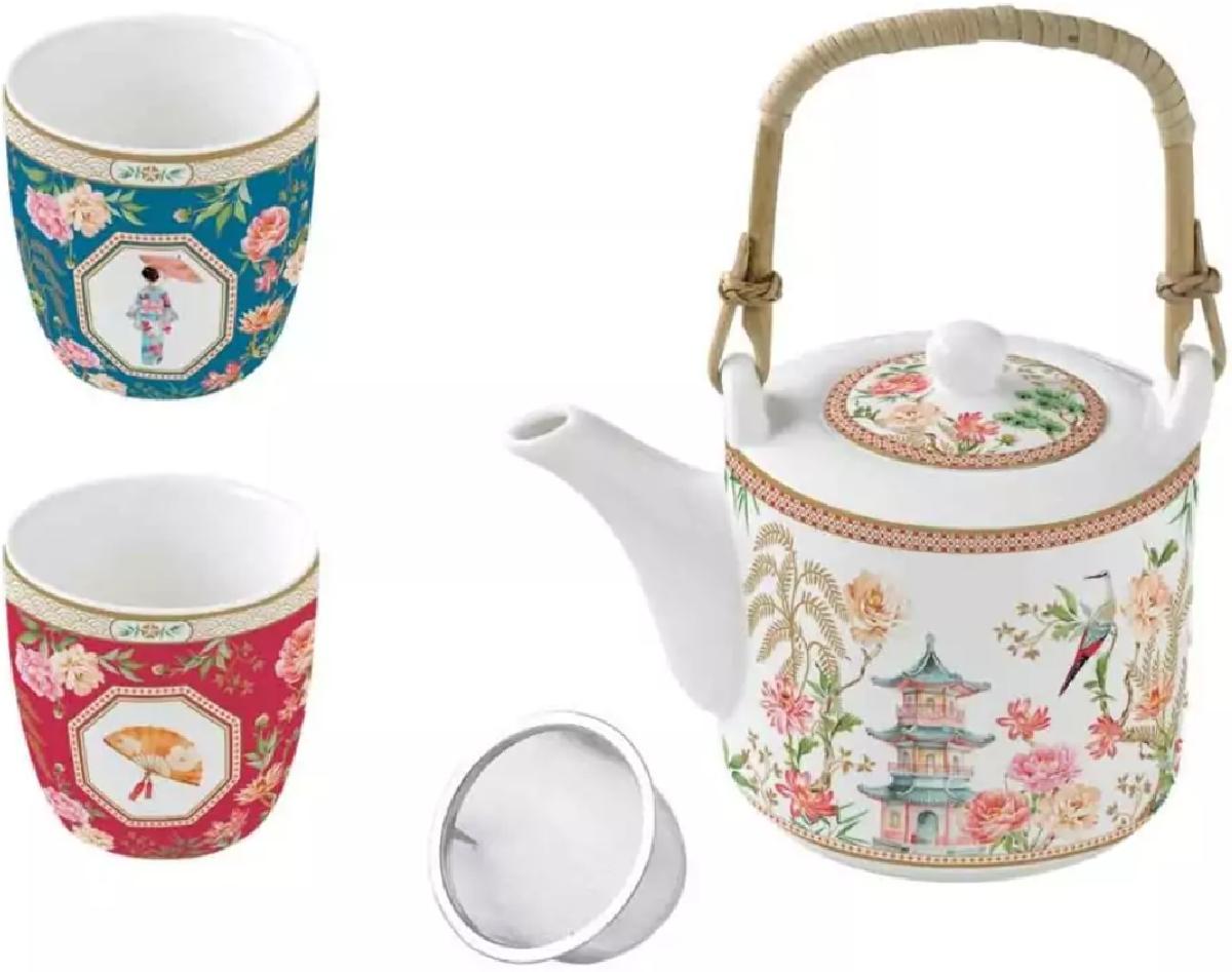 Set ceainic cu infuzor si 2 cesti portelan: Jardins d'Orient