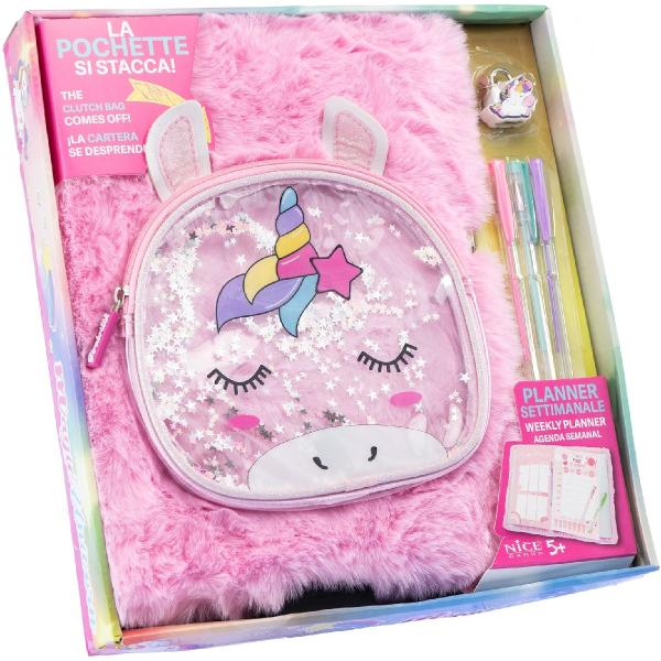 Planner gigant cu coperta pufoasa si poseta detasabila: Girabrilla unicorn