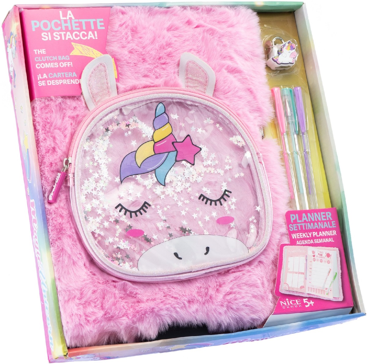 Planner gigant cu coperta pufoasa si poseta detasabila: Girabrilla unicorn