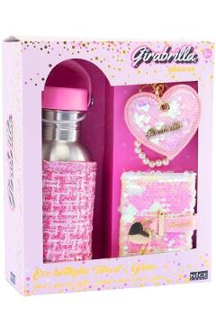 Poza produsului Set sticla de apa cu husa tweed, breloc si mini-jurnal cu paiete: Girabrilla