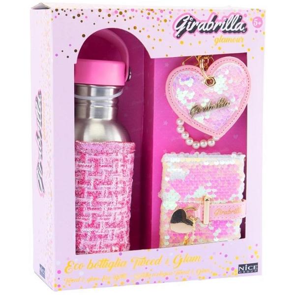 Set sticla de apa cu husa tweed, breloc si mini-jurnal cu paiete: Girabrilla