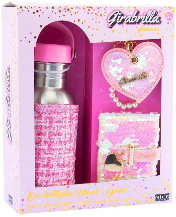 Set sticla de apa cu husa tweed, breloc si mini-jurnal cu paiete: Girabrilla