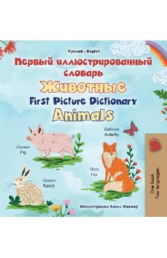 Coperta cărții 'First Picture Dictionary - Animals (Russian English Bilingual Children's Book) - Kidkiddos Books'