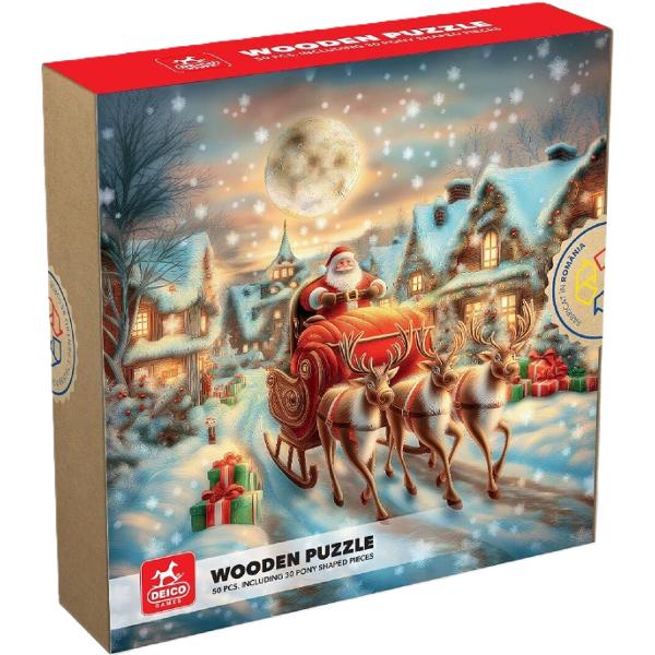 Puzzle 50 din lemn: Sania lui Mos Craciun