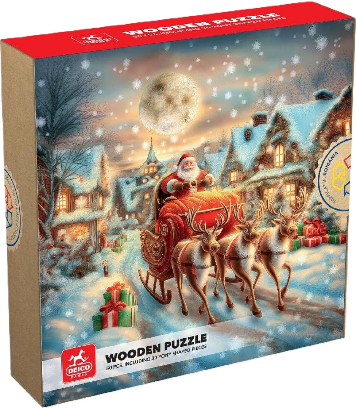 Puzzle 50 din lemn: Sania lui Mos Craciun