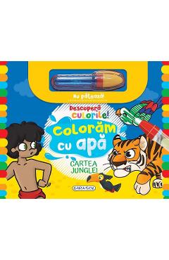 Coperta cărții 'Descoperă culorile! Colorăm cu apă: Cartea junglei'