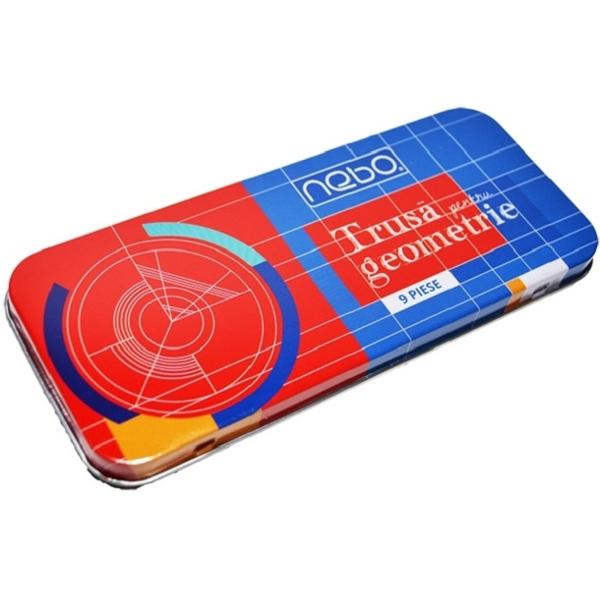 Trusa pentru geometrie 9 piese. Cutie metalica. Nebo