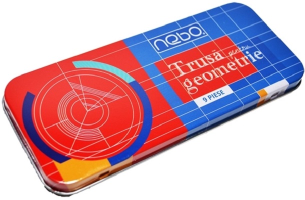Trusa pentru geometrie 9 piese. Cutie metalica. Nebo