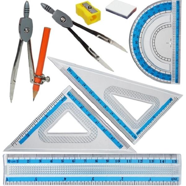 Trusa pentru geometrie 9 piese. Cutie metalica. Nebo