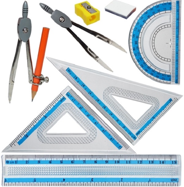 Trusa pentru geometrie 9 piese. Cutie metalica. Nebo