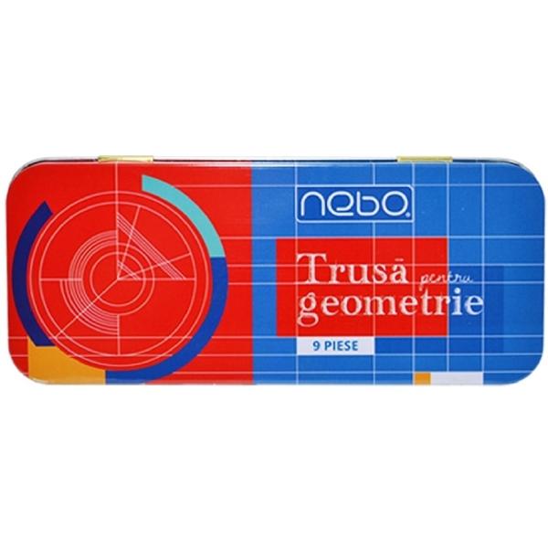 Trusa pentru geometrie 9 piese. Cutie metalica. Nebo