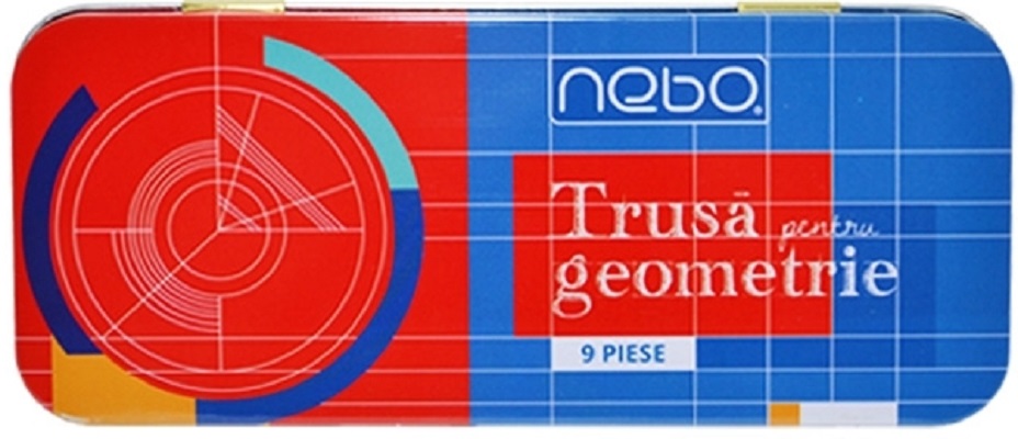 Trusa pentru geometrie 9 piese. Cutie metalica. Nebo