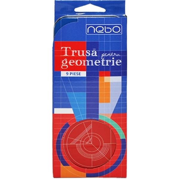 Trusa pentru geometrie 9 piese. Cutie metalica. Nebo