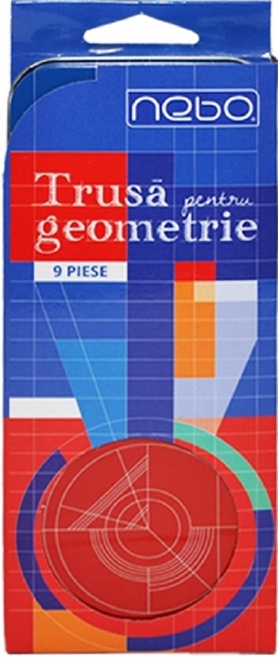 Trusa pentru geometrie 9 piese. Cutie metalica. Nebo