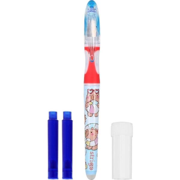 Set stilou cerneala cu stergere + 2 rezerve + dispozitiv curatare. Capybara roz