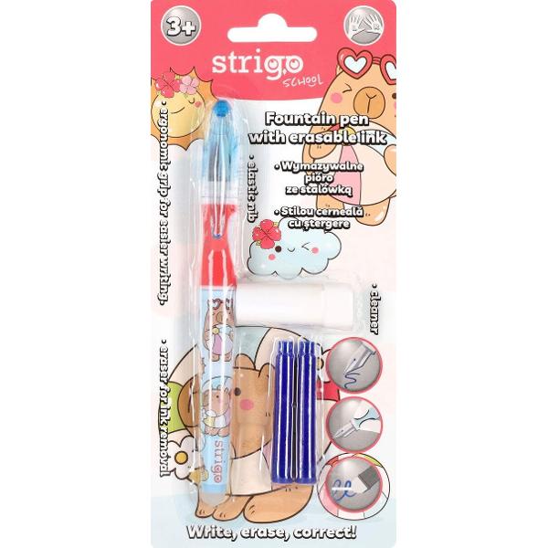 Set stilou cerneala cu stergere + 2 rezerve + dispozitiv curatare. Capybara roz