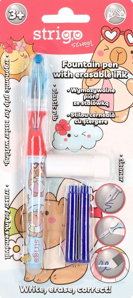 Set stilou cerneala cu stergere + 2 rezerve + dispozitiv curatare. Capybara roz