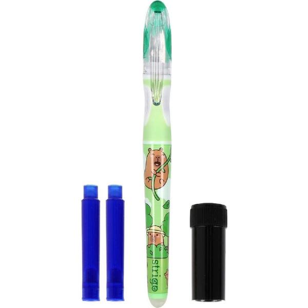 Set stilou cerneala cu stergere + 2 rezerve + dispozitiv curatare. Capybara verde