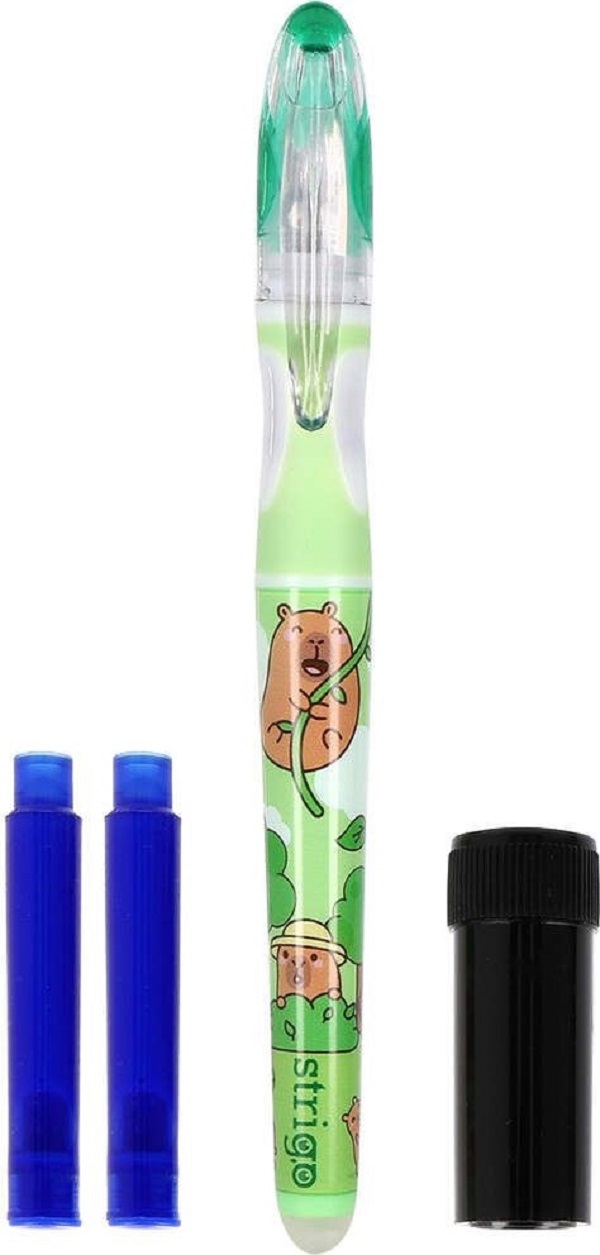 Set stilou cerneala cu stergere + 2 rezerve + dispozitiv curatare. Capybara verde