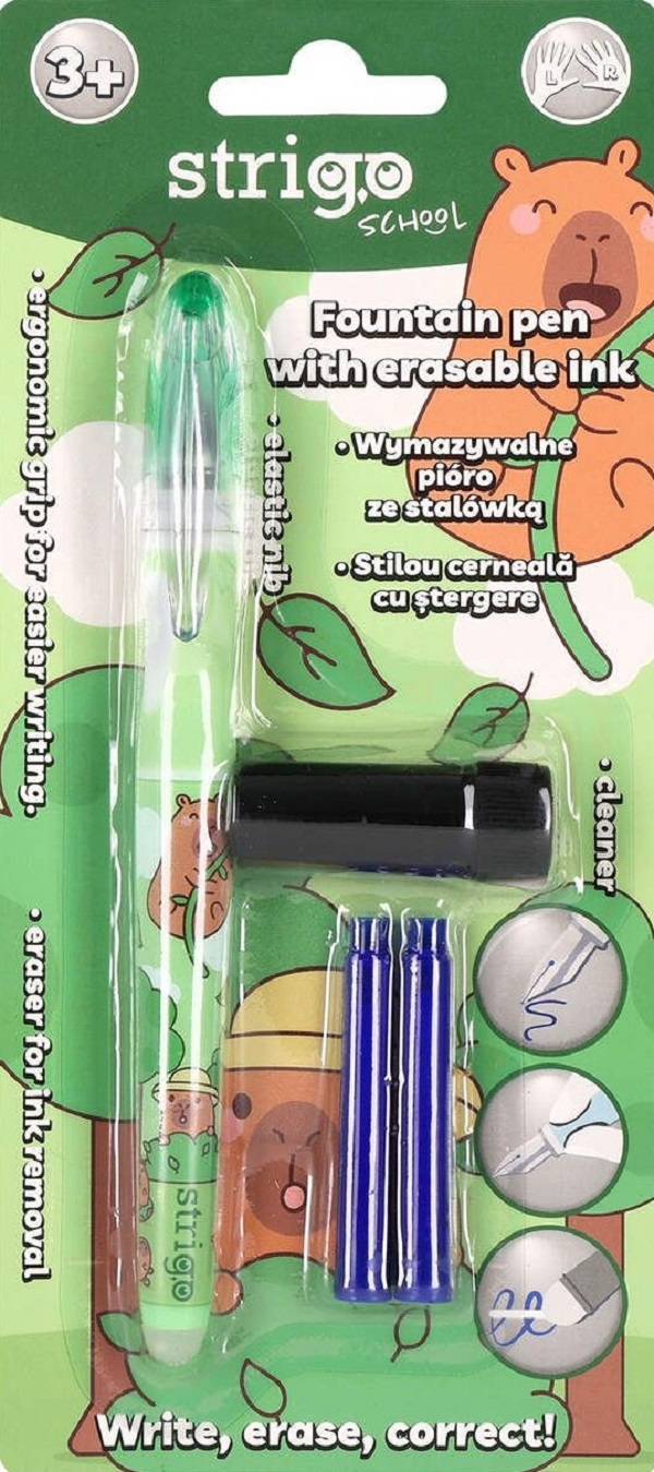 Set stilou cerneala cu stergere + 2 rezerve + dispozitiv curatare. Capybara verde