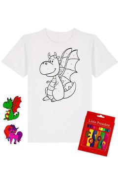 Imaginea produsului 'Set creativ: Tricou alb copii. Mărimea XS Model: Dragon + Carioci'