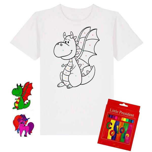 Set creativ: Tricou alb copii. Marimea S Model: Dragon + Carioci