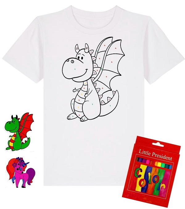 Set creativ: Tricou alb copii. Marimea S Model: Dragon + Carioci