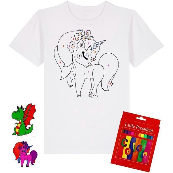 Set creativ: Tricou alb copii. Marimea XS Model: Unicorn + Carioci