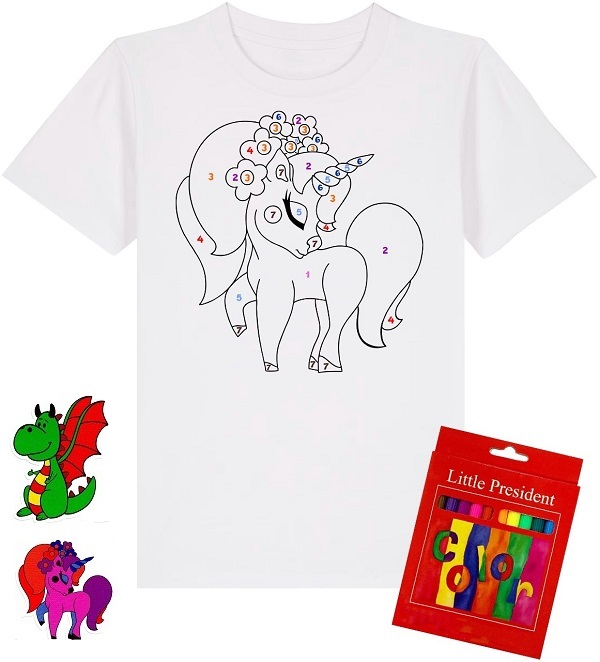 Set creativ: Tricou alb copii. Marimea M Model: Unicorn + Carioci	