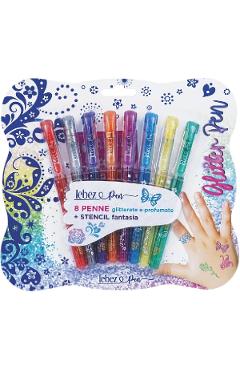 Imaginea produsului 'Set 8 pixuri cu sclipici parfumat și șabloane: Glitter'