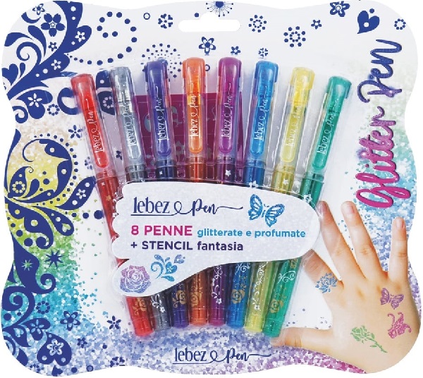 Set 8 pixuri cu sclipici parfumat si sabloane: Glitter