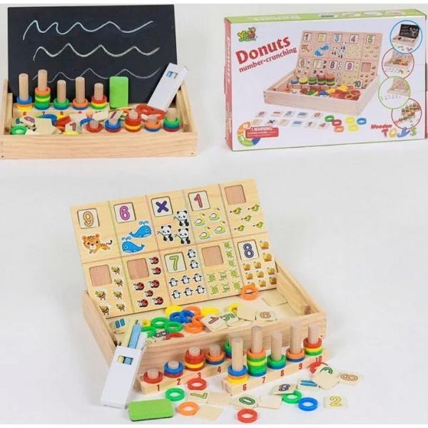 Joc educativ din lemn cu tablita de scris. Donuts number-crunching