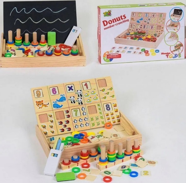 Joc educativ din lemn cu tablita de scris. Donuts number-crunching