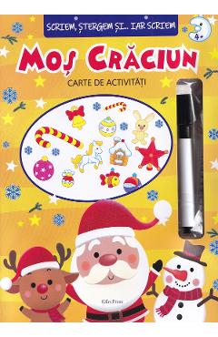 Coperta cărții 'Moș Crăciun. Scriem, ștergem și iar scriem. Carte de activități'