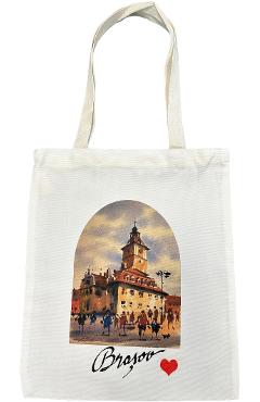 Imaginea produsului 'Sacoșă textilă cu ilustrație Bobei Art: Brașov. Inima. Casa Sfatului'