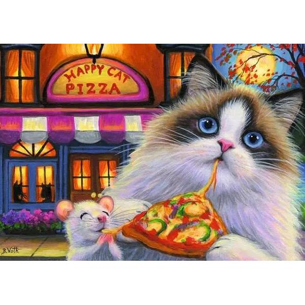 Puzzle 35 piese: Pisica mancand pizza