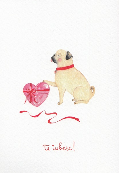 Felicitare: Te iubesc! Mops cafeniu. Mai Colorat