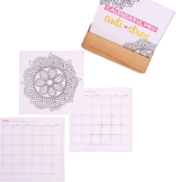Calendar permanent de birou cu suport de lemn. Calendarul meu anti stres de colorat