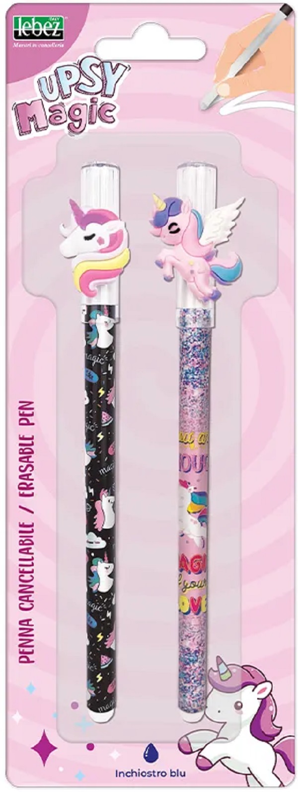 Set 2 pixuri cu cerneală termosensibilă: Pix negru si roz cu unicorn alb si roz. Upsy Magic