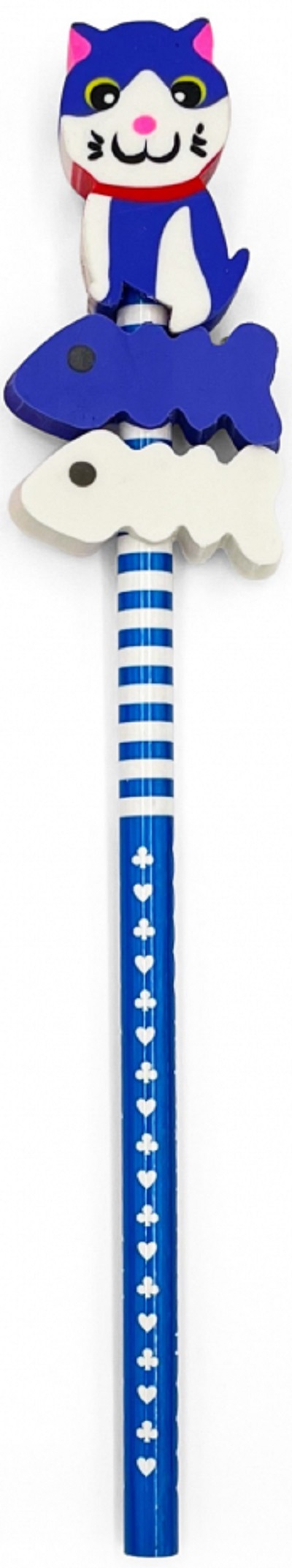 Creion grafic albastru cu 3 radiere pisica
