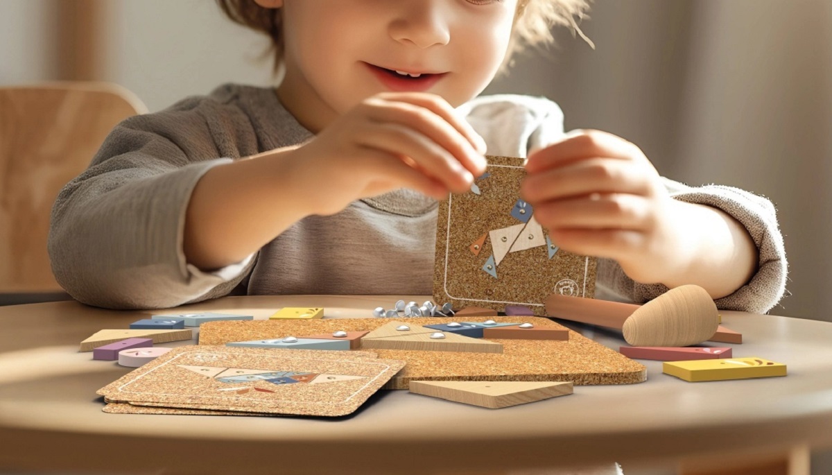 Joc educativ cu ciocanel si panou pluta: Nailing Game