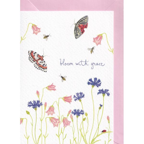 Felicitare: Bloom with grace. Flori si fluturi. Mai Colorat