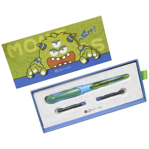 Set Stilou albastru-verde Little Monster + 2 cartuse