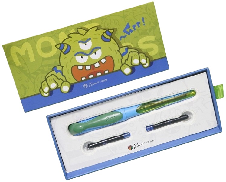 Set Stilou albastru-verde Little Monster + 2 cartuse