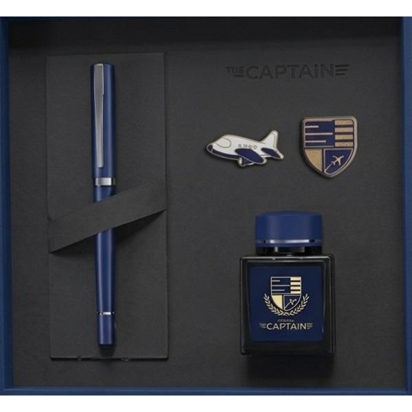 Set Plane Captain: Stilou albastru + calimara + 2 insigne metalice