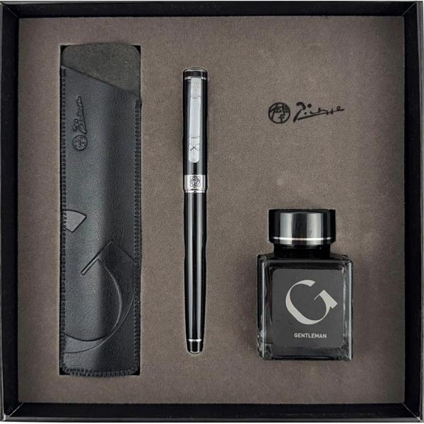 Set stilou negru + calimara + etui piele